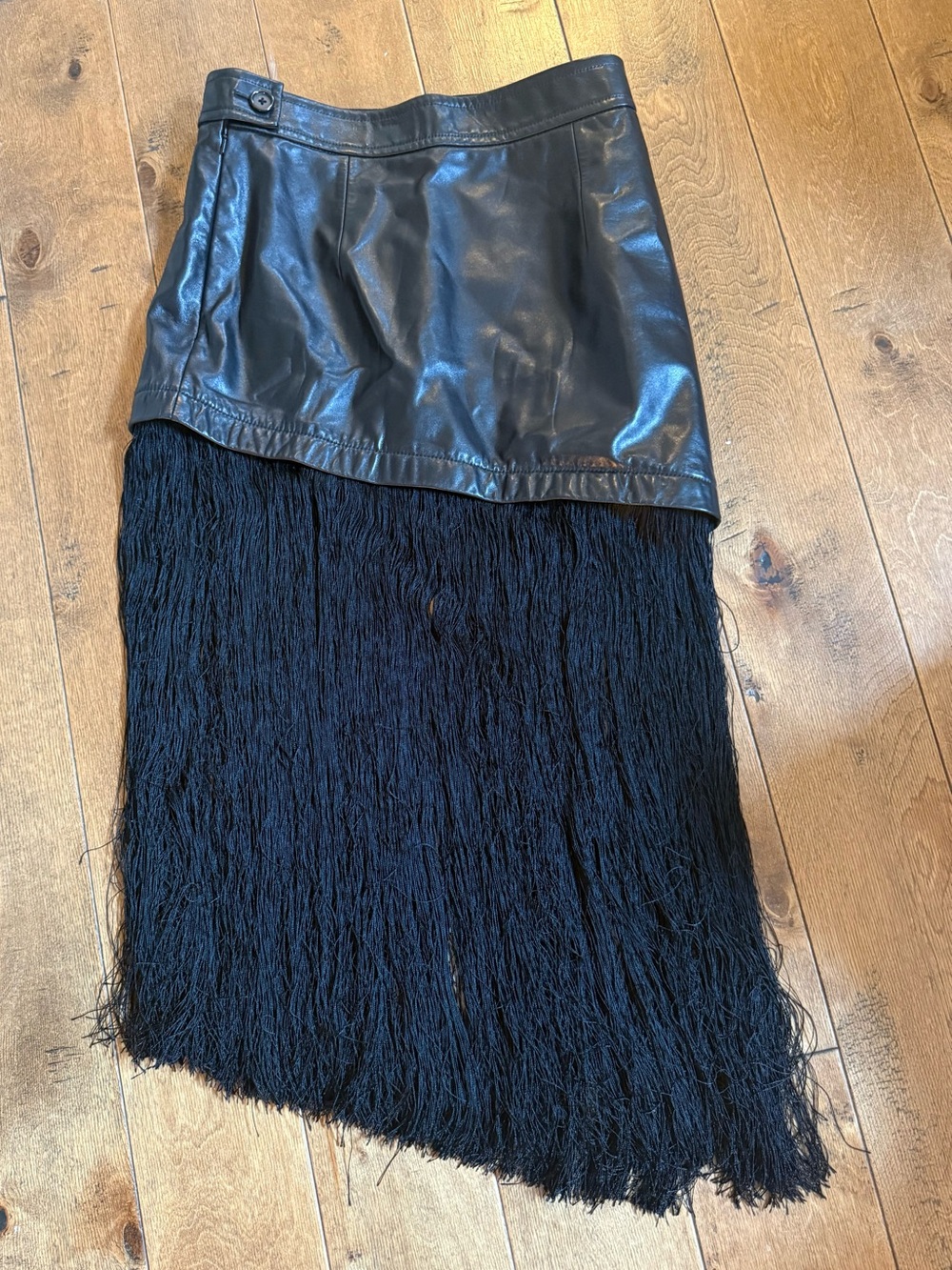 Helmut Lang Black Lamb Leather Asymmetrical Fringe Skirt